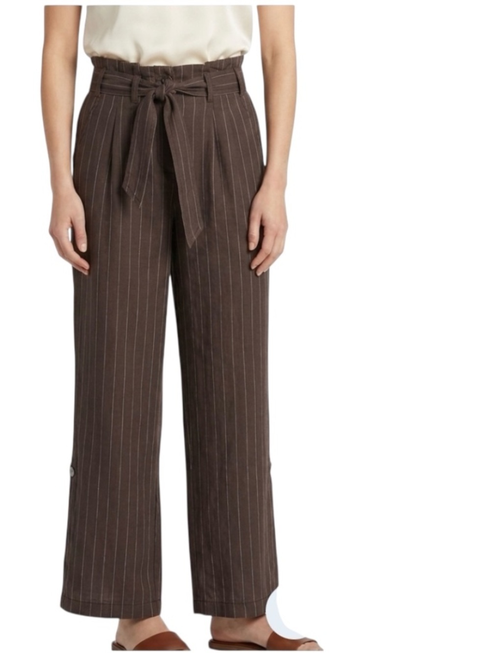 Wrap London 100% Linen Pinstripe Pants Sz 4 Brown Wide Leg Paperbag Boho Chic